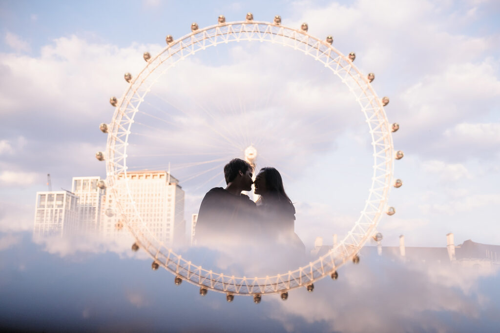 Couple in silhouette while london eye making a perfect circle around them. Eugene Kim Photography has always enjoyed creating creative shots.