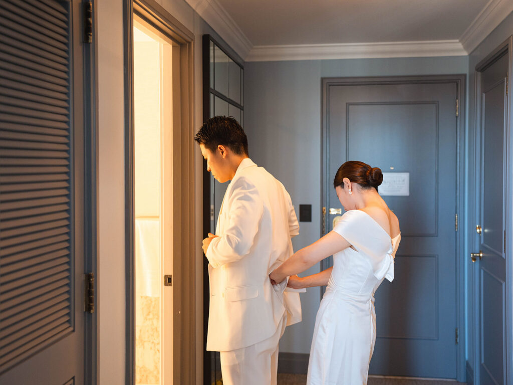 Couple getting ready for the Malibu Elopement at Four Seasons Hotel Beverly Hills