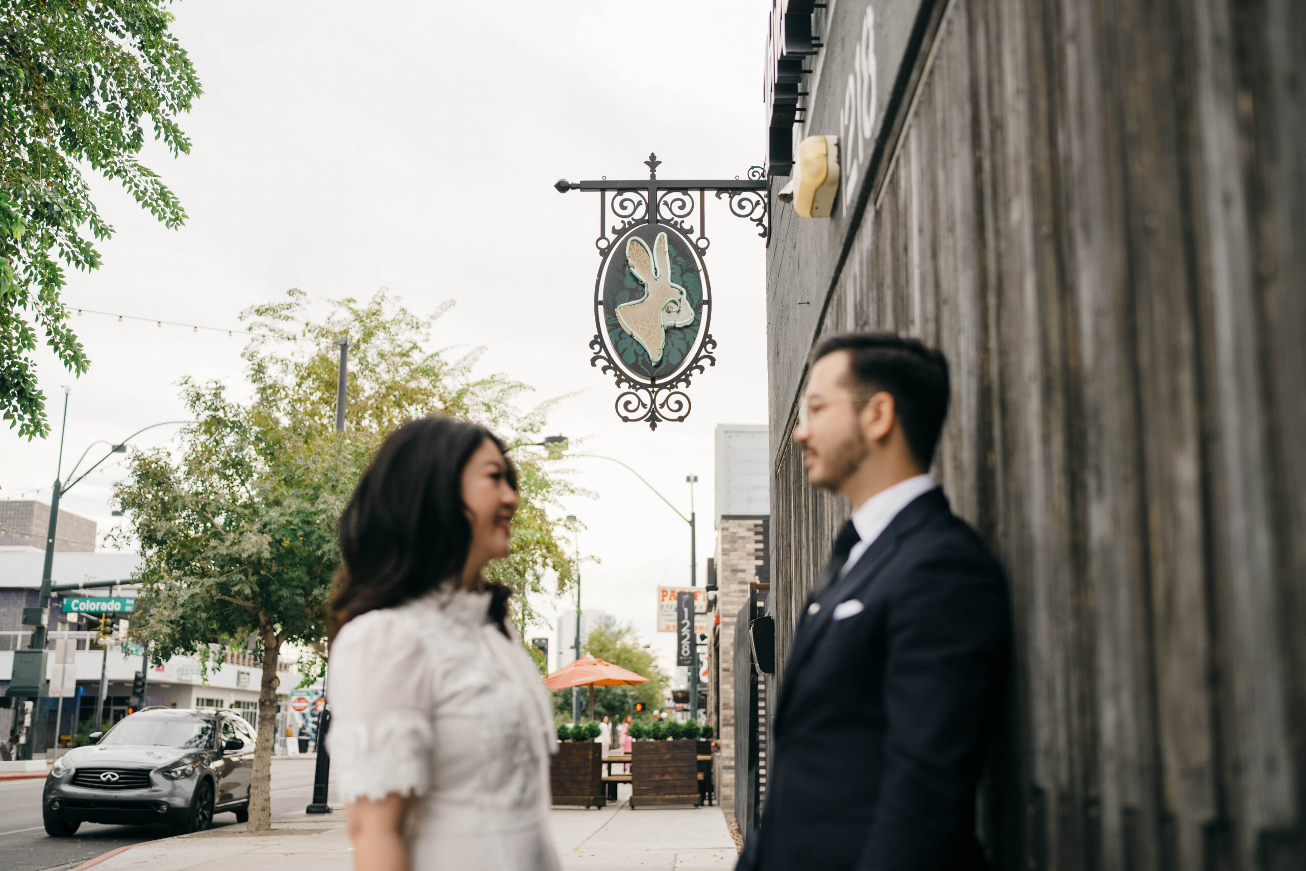 Las Vegas Arts District Engagement: Couple looking at each other