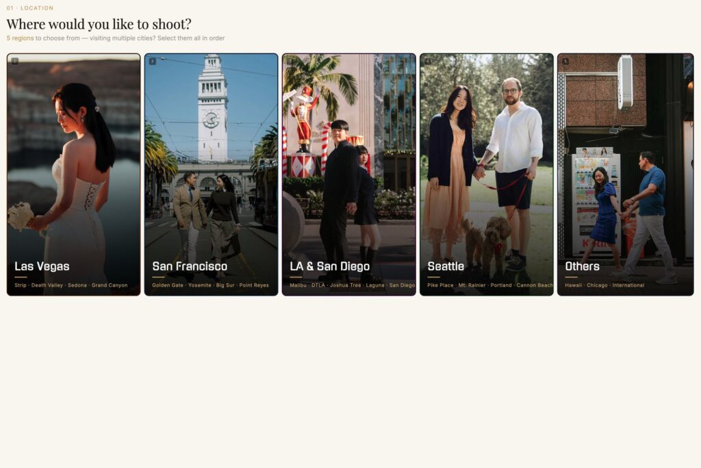 Engagement session locations in the Location Gallery, comparing Las Vegas, San Francisco, LA, Seattle, and more