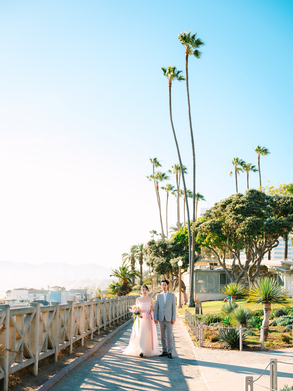 Couple in a gray suit and pink gown on a palm-lined coastal path