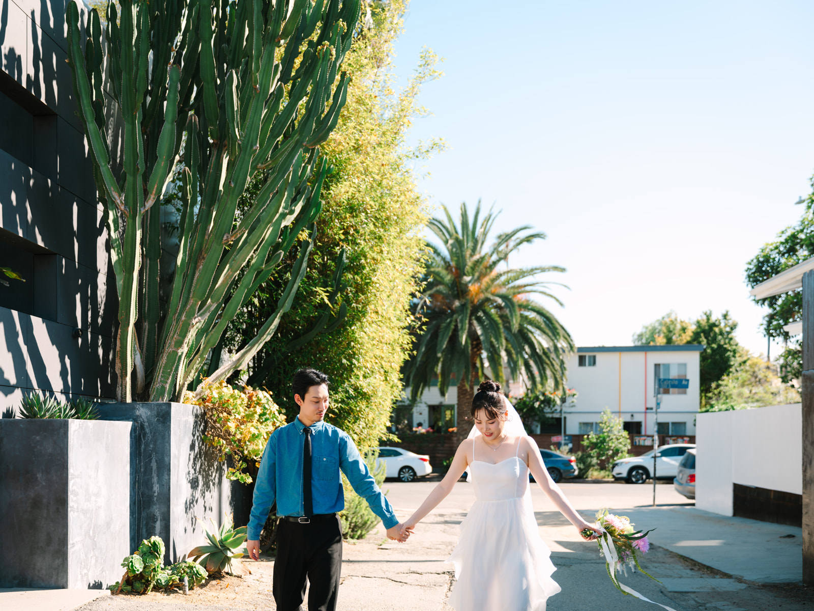 Couple holding hands beside tall cacti in a sunny Venice alley